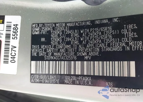 2010 Toyota Sienna Xle из США, поврежденный, VIN 5TDYK4CC7AS325916